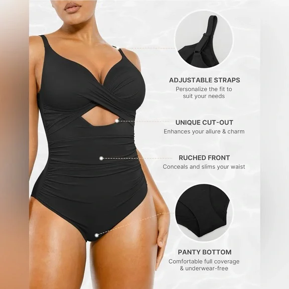 SHAPELLX Women’s Tummy Control Swimsuit V Neck Ruched Push Up Built-in Bra - Picture 3 of 10